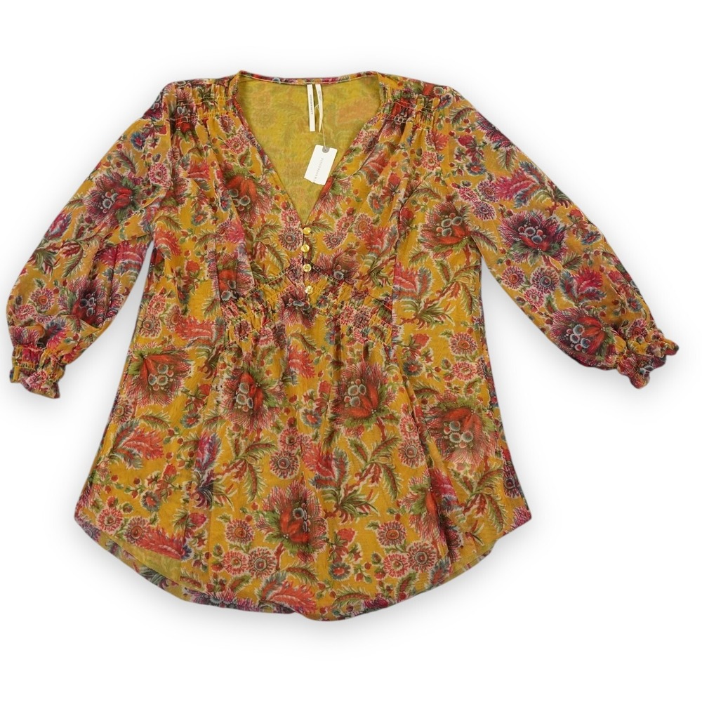 Anthropologie Gretchen Blouse Womens Small Pink Rose 3/4 Sleeve Floral Smocking